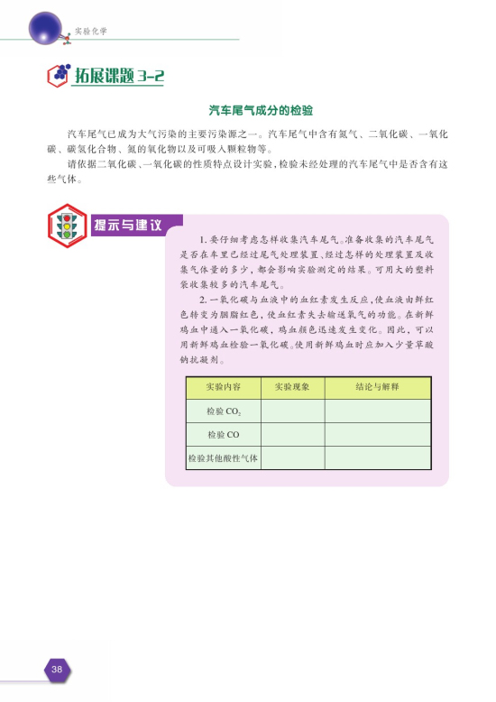 拓展课题3-2 汽车尾气成分的检验(第38页)