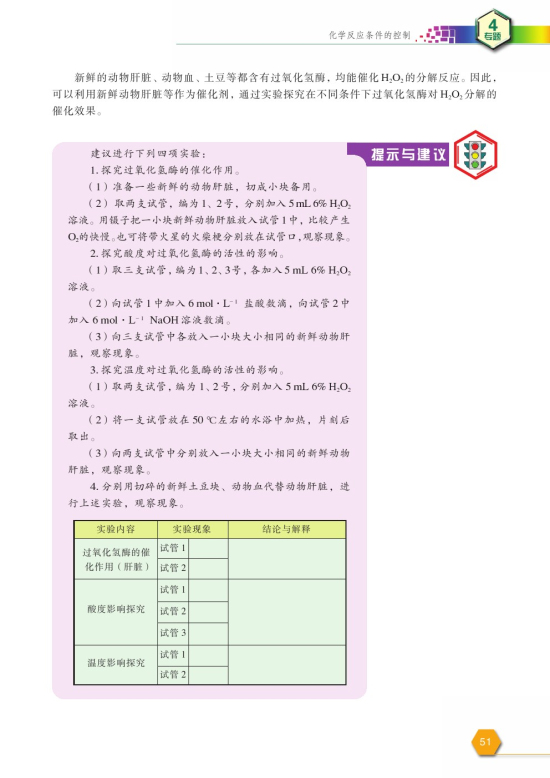 拓展课题4-2 过氧化氢酶的催化作用(第51页)
